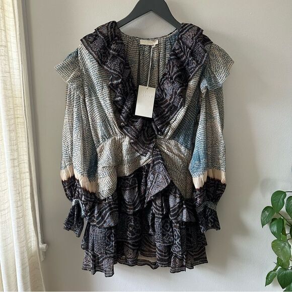 Ulla Johnson Sara Metallic Blue Stripe Ruffle Long Sleeve Silk Mini Dress - Picture 2 of 10